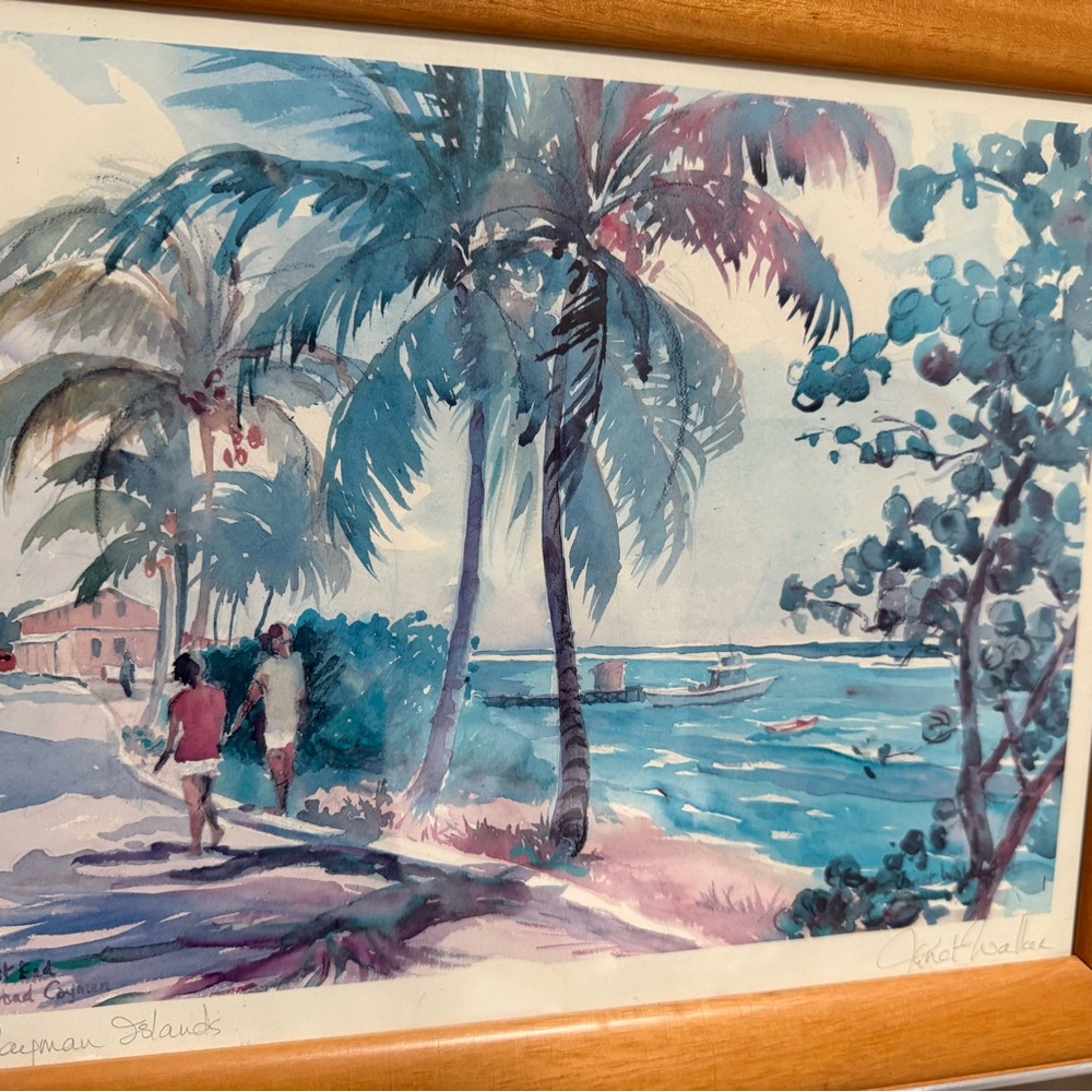 Tropical Beach Watercolor Art in Wooden Frame-signed by the artist Janet Waller